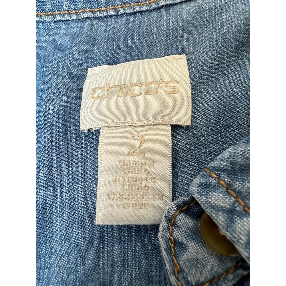 Chico's Long Denim Tunic Shirt Blue Button Up Roll Tab Sleeves 2 (12 Large) - Picture 10 of 13